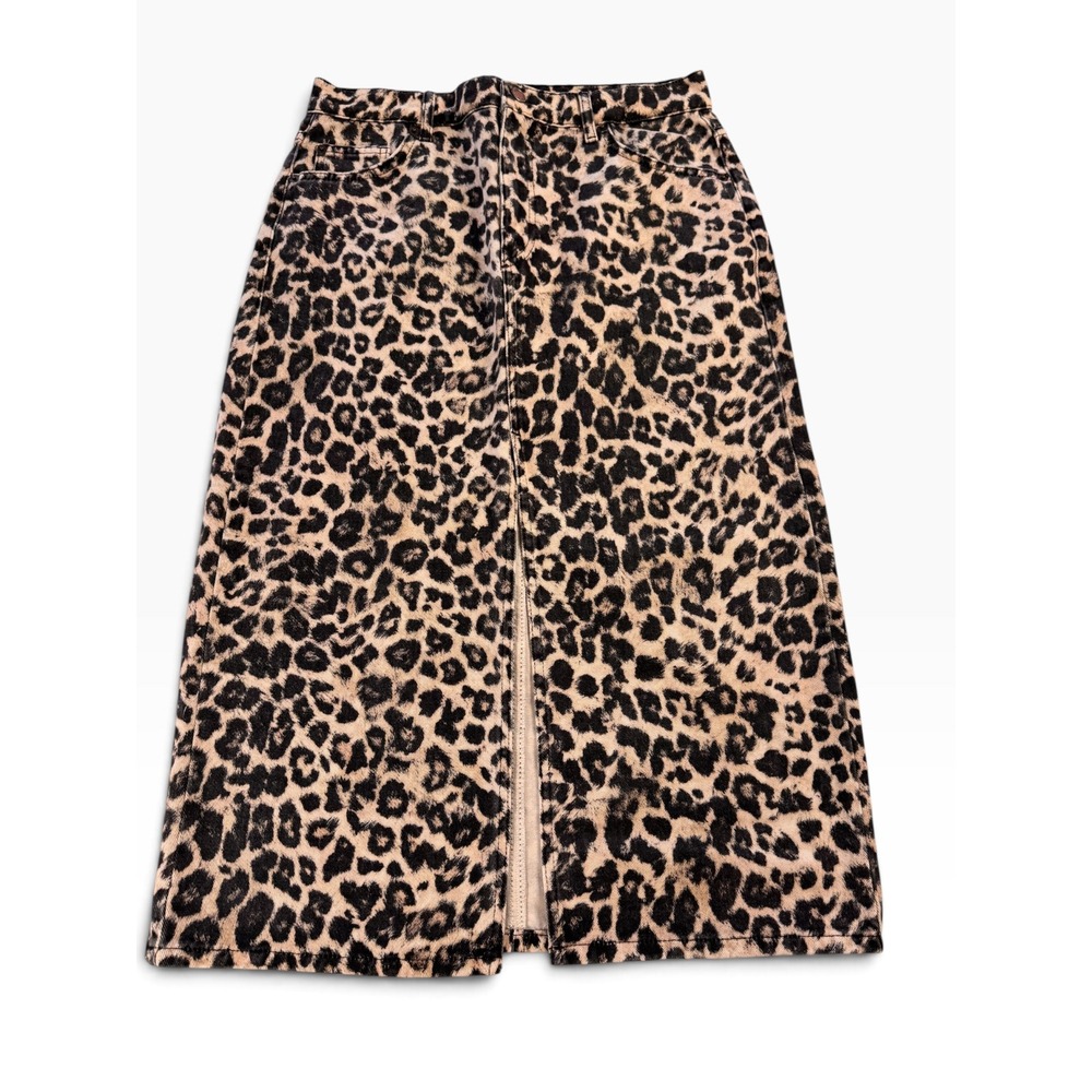 LCW Vision Leopard Print Denim Midi Skirt High Waisted Front Slit Size 40